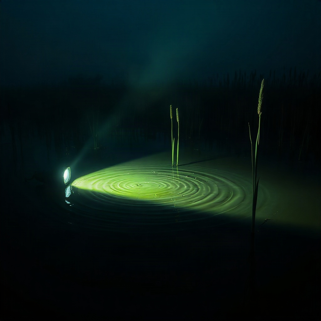 Headlamp on cattail marsh at dusk