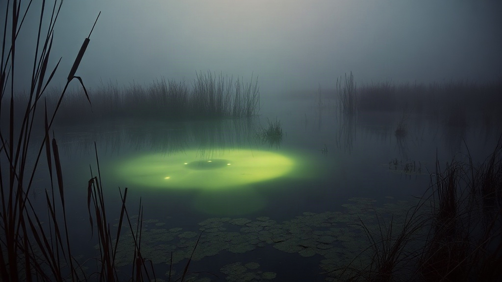 Misty vernal pool at dusk with reeds and green glow on still water