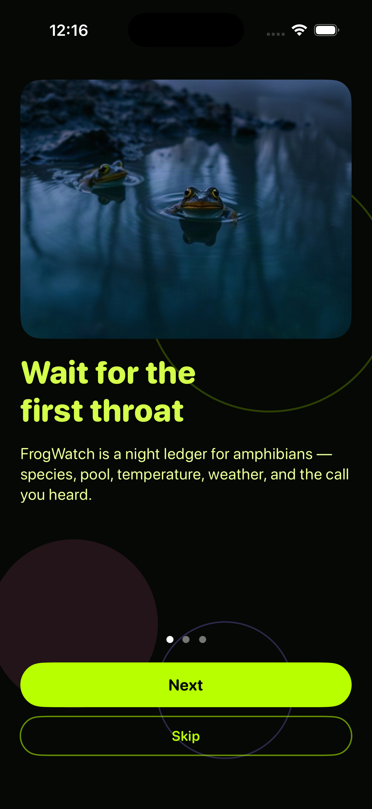 FrogWatch chorus timeline with sighting nodes